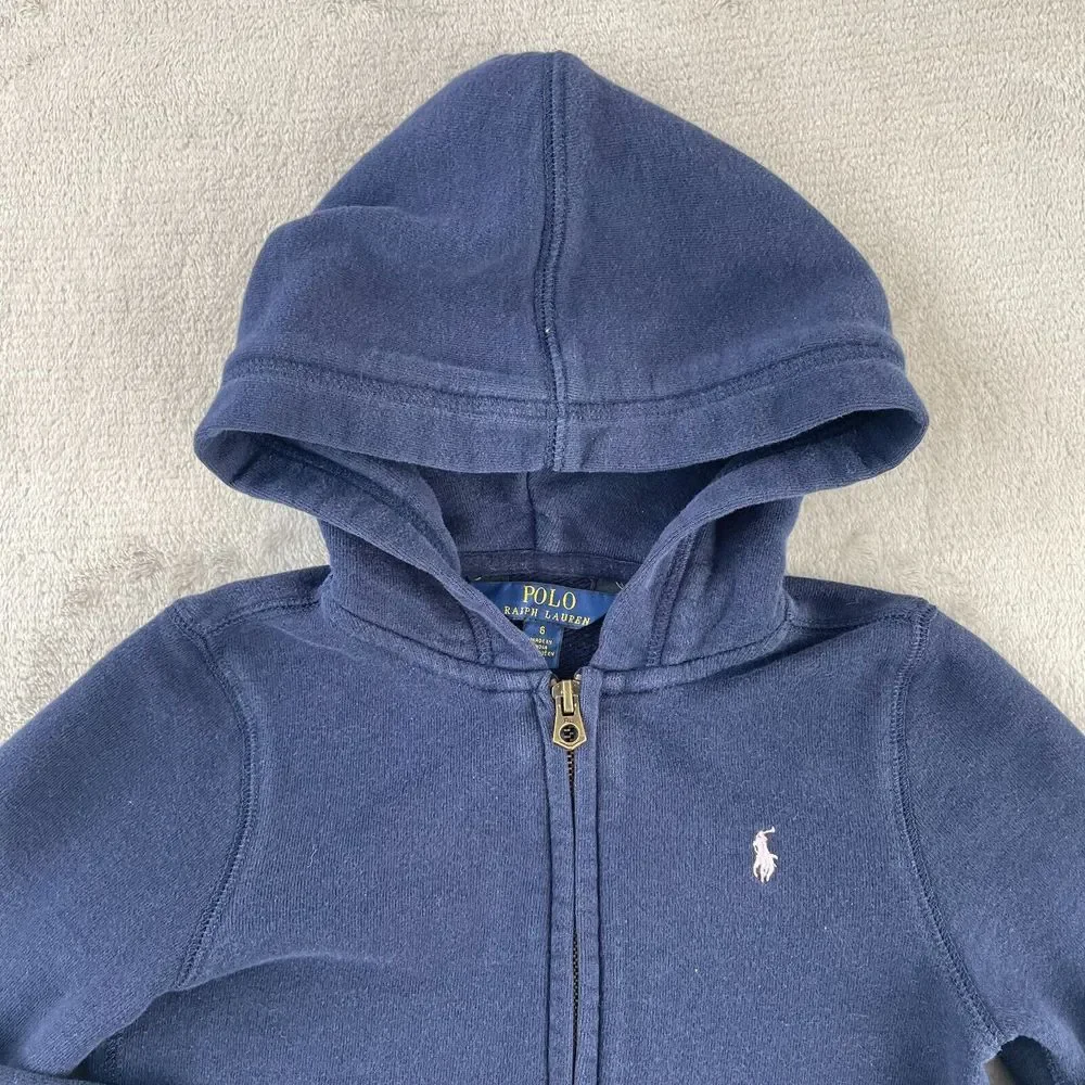 Polo Ralph‎ Lauren Hoodie Kids 6 Navy Blue Full Zip Pink Pony Long Sleeve Preppy